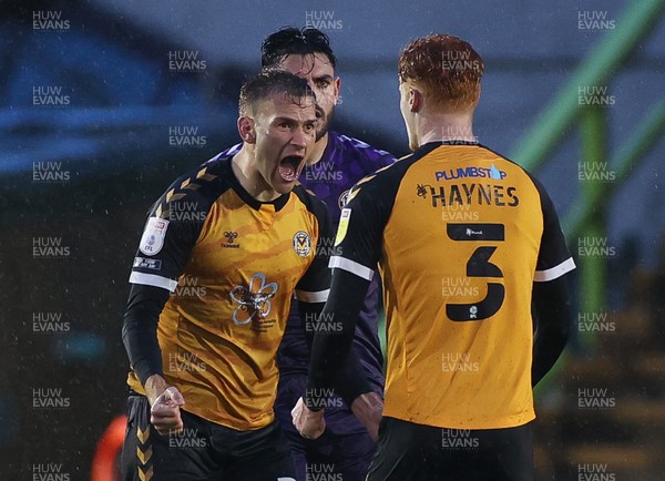 230521 - Forest Green Rovers v Newport County - SkyBet League Two Play off Semi-Final, Second Leg - Mickey Demetriou of Newport County and Ryan Haynes of Newport County celebrate at the end of the match
