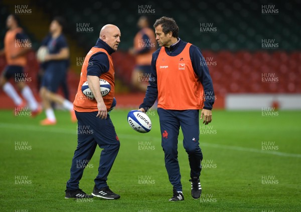 210220 - France Rugby Training - France head coach Fabien Galthie and defence coach Shaun Edwards during training