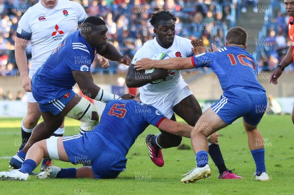 170618 - France U20 v England U20, World Rugby U20 Championship Final - Gabriel Ibitoye of England is tackled by Demba Bamba of France, Antonin Berruyer of France and Louis Carbonel of France
