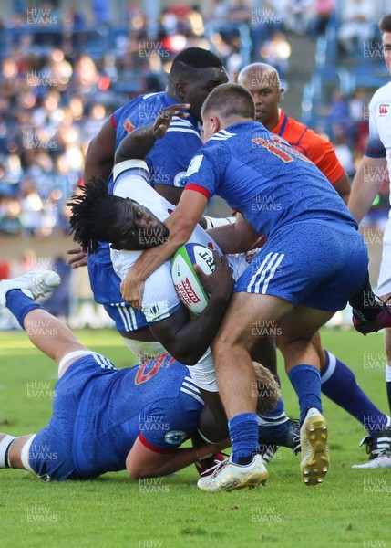 170618 - France U20 v England U20, World Rugby U20 Championship Final - Gabriel Ibitoye of England is tackled by Demba Bamba of France, Antonin Berruyer of France and Louis Carbonel of France