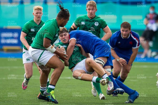 130721 - France U20 v Ireland U20 - Under 20 Six Nations  - Jude Postlethwaite of Ireland  is tackled by Matthias Haddad Victor of France