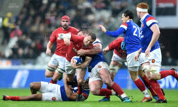 010219 - France v Wales - Guinness 6 Nations 2019 - Hadleigh Parkes of Wales is tackled by Louis Picamoles of France