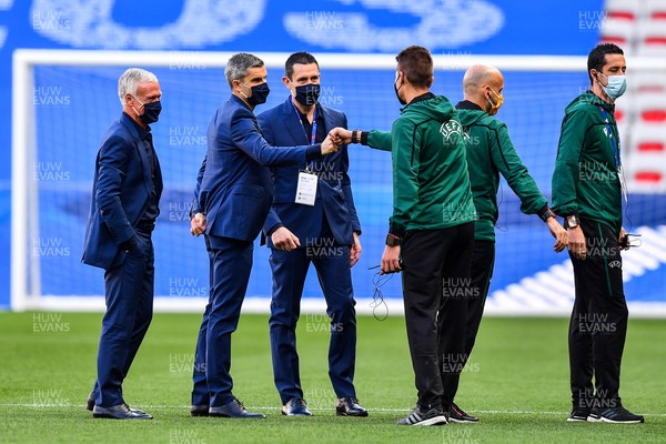 020621 - France v Wales - International Friendly - Didier Deschamps head coach of France, Cyril Moine fitness trainer of France, Franck Raviot goalkeeping coach of France greet the referees