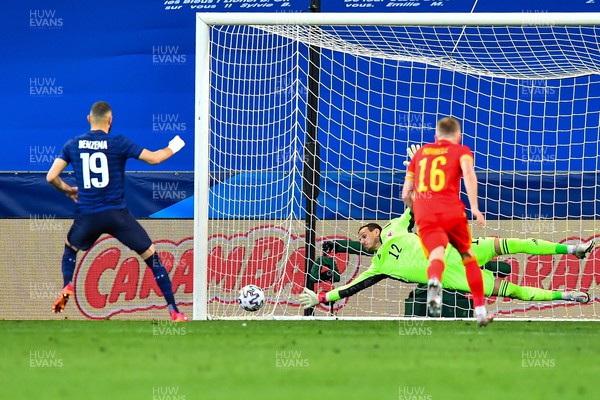 020621 - France v Wales - International Friendly - Karim Benzema of France misses his penalty against Danny Ward of Wales