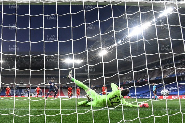 020621 - France v Wales - International Friendly - Danny Ward of Wales saves the penalty of Karim Benzema of France