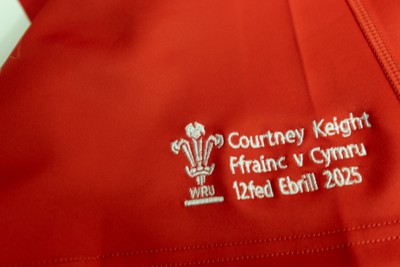 120425 - France v Wales, Guinness Women’s Six Nations 2025 - Courtney Keight’s Wales Match shirt hang in the changing room
