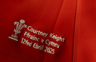 120425 - France v Wales, Guinness Women’s Six Nations 2025 - Courtney Keight’s Wales Match shirt hang in the changing room