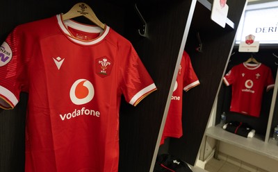 120425 - France v Wales, Guinness Women’s Six Nations 2025 - Wales Match shirts hang in the changing room