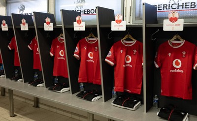 120425 - France v Wales, Guinness Women’s Six Nations 2025 - Wales Match shirts hang in the changing room