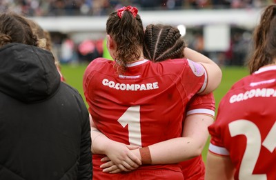 120425 - France v Wales, Guinness Women’s Six Nations 2025 - Gwenllian Pyrs of Wales and Maisie Davies of Wales console each other at the end of the match