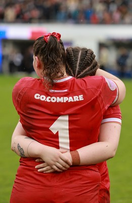 120425 - France v Wales, Guinness Women’s Six Nations 2025 - Gwenllian Pyrs of Wales and Maisie Davies of Wales console each other at the end of the match