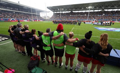 120425 - France v Wales, Guinness Women’s Six Nations 2025 - Wales management team line up during the anthem 