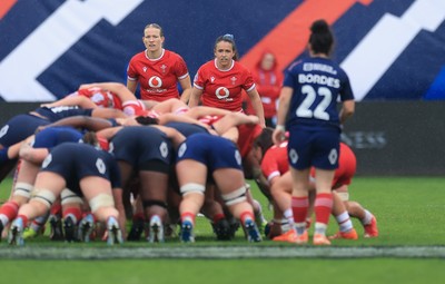 120425 - France v Wales, Guinness Women’s Six Nations 2025 - Kayleigh Powell of Wales, right,  and Carys Cox of Wales