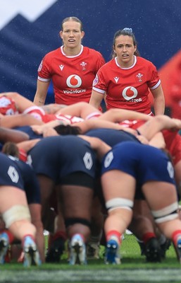120425 - France v Wales, Guinness Women’s Six Nations 2025 - Kayleigh Powell of Wales, right,  and Carys Cox of Wales