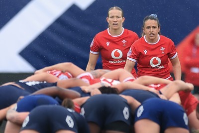 120425 - France v Wales, Guinness Women’s Six Nations 2025 - Kayleigh Powell of Wales, right,  and Carys Cox of Wales