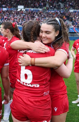 120425 - France v Wales, Guinness Women’s Six Nations 2025 - Bryonie King of Wales and Kate Williams of Wales at the end of the match