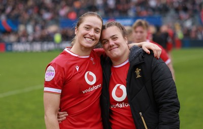 120425 - France v Wales, Guinness Women’s Six Nations 2025 - Lisa Neumann of Wales and Carys Phillips of Wales at the end of the match
