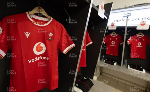 120425 - France v Wales, Guinness Women’s Six Nations 2025 - Wales Match shirts hang in the changing room