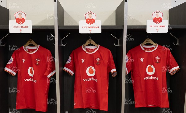 120425 - France v Wales, Guinness Women’s Six Nations 2025 - Wales Match shirts hang in the changing room ahead of the match