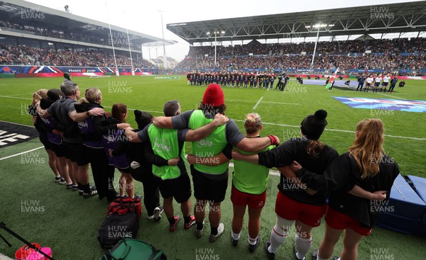 120425 - France v Wales, Guinness Women’s Six Nations 2025 - Wales management team line up during the anthem 