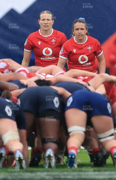 120425 - France v Wales, Guinness Women’s Six Nations 2025 - Kayleigh Powell of Wales, right,  and Carys Cox of Wales