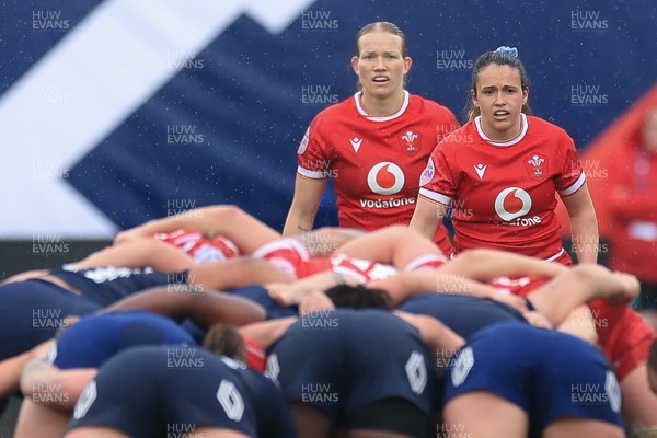120425 - France v Wales, Guinness Women’s Six Nations 2025 - Kayleigh Powell of Wales, right,  and Carys Cox of Wales