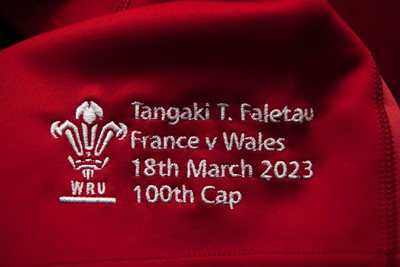 180323 - France v Wales - Guinness Six Nations - Taulupe Faletau of Wales jersey hangs in the dressing room on his 100th cap