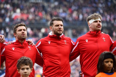 180323 - France v Wales - Guinness Six Nations - Leigh Halfpenny, Dan Biggar, Aaron Wainwright of Wales during the anthems