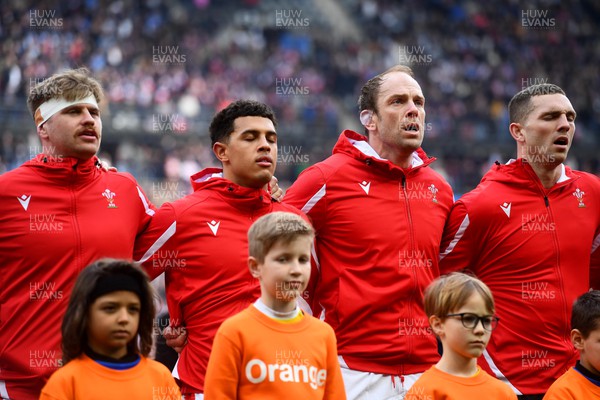 180323 - France v Wales - Guinness Six Nations - Aaron Wainwright, Rio Dyer, Alun Wyn Jones, George North of Wales during the anthems