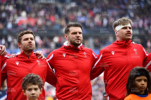 180323 - France v Wales - Guinness Six Nations - Leigh Halfpenny, Dan Biggar, Aaron Wainwright of Wales during the anthems