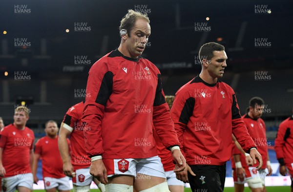 241020 - France v Wales - International Rugby Union - Alun Wyn Jones and George North of Wales walk off after the warm up