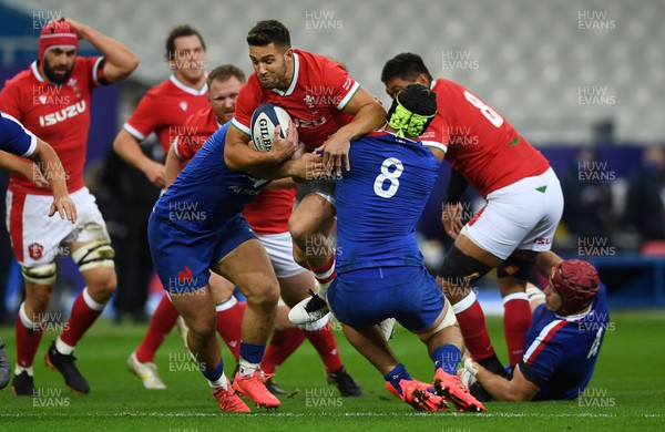 241020 - France v Wales - International Rugby Union - Rhys Webb of Wales is tackled by Julien Marchand and Gregory Alldritt of France
