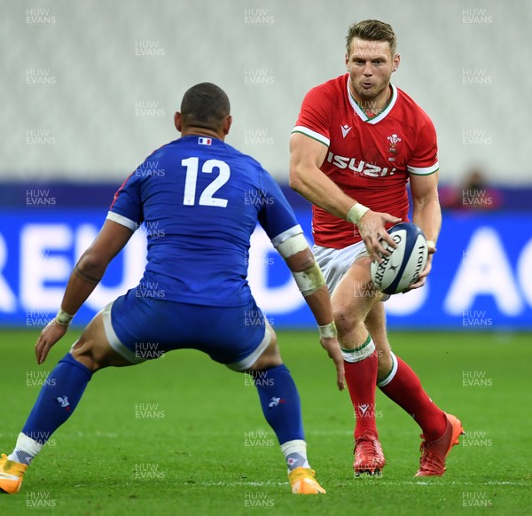 241020 - France v Wales - International Rugby Union - Dan Biggar of Wales is tackled by Gael Fickou of France