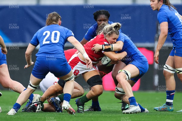 230423 - France v Wales, TicTok Women’s 6 Nations - Alex Callender of Wales is held short of the line