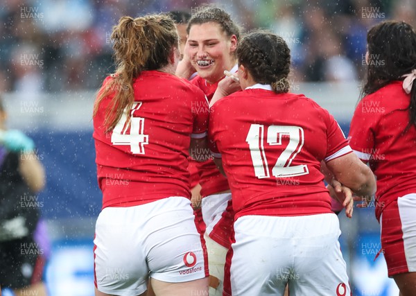 230423 - France v Wales, TicTok Women’s 6 Nations - Gwenllian Pyrs of Wales is all smiles after scoring try