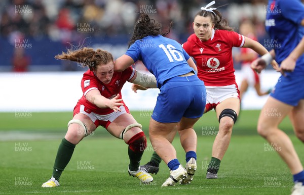 230423 - France v Wales, TicTok Women’s 6 Nations - Abbie Fleming of Wales and Bryonie King of Wales look to stop Elisa Riffonneau of France 