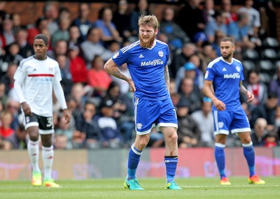 200816 - Fulham vs Cardiff City - SkyBet Championship -Aron Gunnarsson of Cardiff after a knock in the back