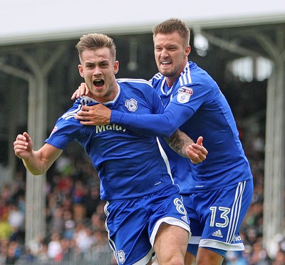 200816 - Fulham vs Cardiff City - SkyBet Championship -Joe Ralls goal celebration with Anthony Pilkington