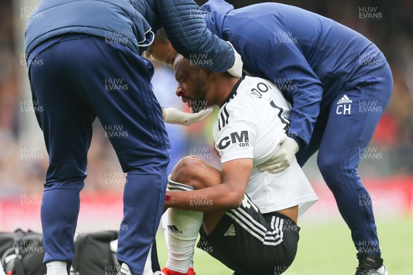 270419 - Fulham v Cardiff City, Premier League - Denis Odoi of Fulham receives treatment before being stretchered off with an injury