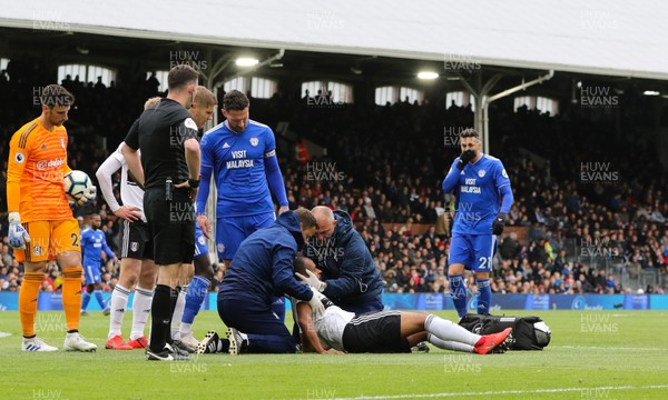 270419 - Fulham v Cardiff City, Premier League - Denis Odoi of Fulham receives treatment before being stretchered off