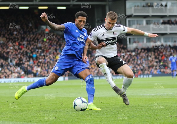 270419 - Fulham v Cardiff City, Premier League - Nathaniel Mendez-Laing of Cardiff City and Joe Bryan of Fulham compete for the ball