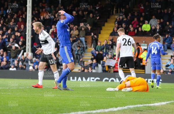 270419 - Fulham v Cardiff City, Premier League - Sean Morrison of Cardiff City shows his frustration after failing to score