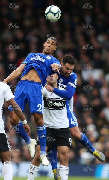 270419 - Fulham v Cardiff City, Premier League - Lee Peltier of Cardiff City looks to head the ball