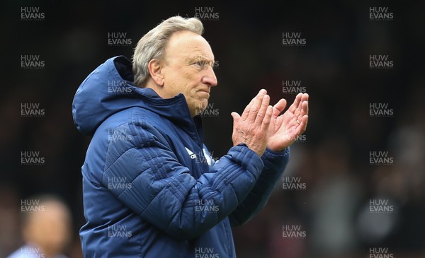 270419 - Fulham v Cardiff City, Premier League - Cardiff City manager Neil Warnock applauds the fans at the end of the match