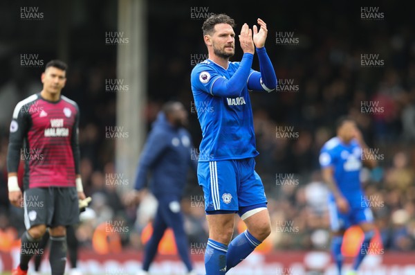 270419 - Fulham v Cardiff City, Premier League - Sean Morrison of Cardiff City applauds the fans at the end of the match