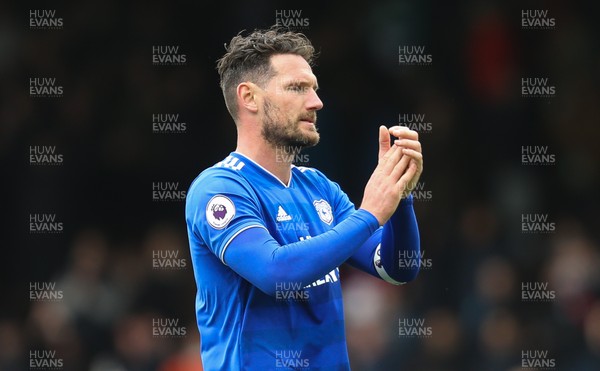 270419 - Fulham v Cardiff City, Premier League - Sean Morrison of Cardiff City applauds the fans at the end of the match