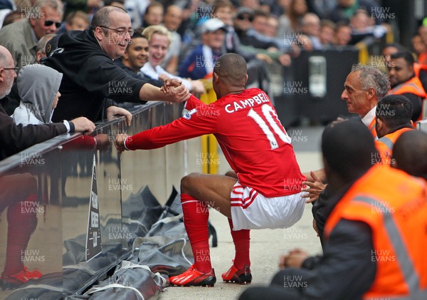 280913 - Fulham vs Cardiff City - Barclays Premier League - A friendly Fulham fan helps Fraizer Campbell back onto his feet(c) Huw Evans Agency