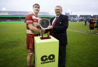 020526 - Furnace United v St Clears, U18s Boys Club Plate Final - Furnace United captain Thus Hughes receives the trophy from Chris Jones, WRU Board Member