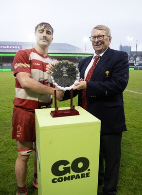 020526 - Furnace United v St Clears, U18s Boys Club Plate Final - Furnace United captain Thus Hughes receives the trophy from Chris Jones, WRU Board Member