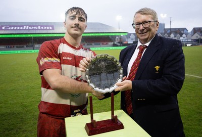020526 - Furnace United v St Clears, U18s Boys Club Plate Final - Furnace United captain Thus Hughes receives the trophy from Chris Jones, WRU Board Member